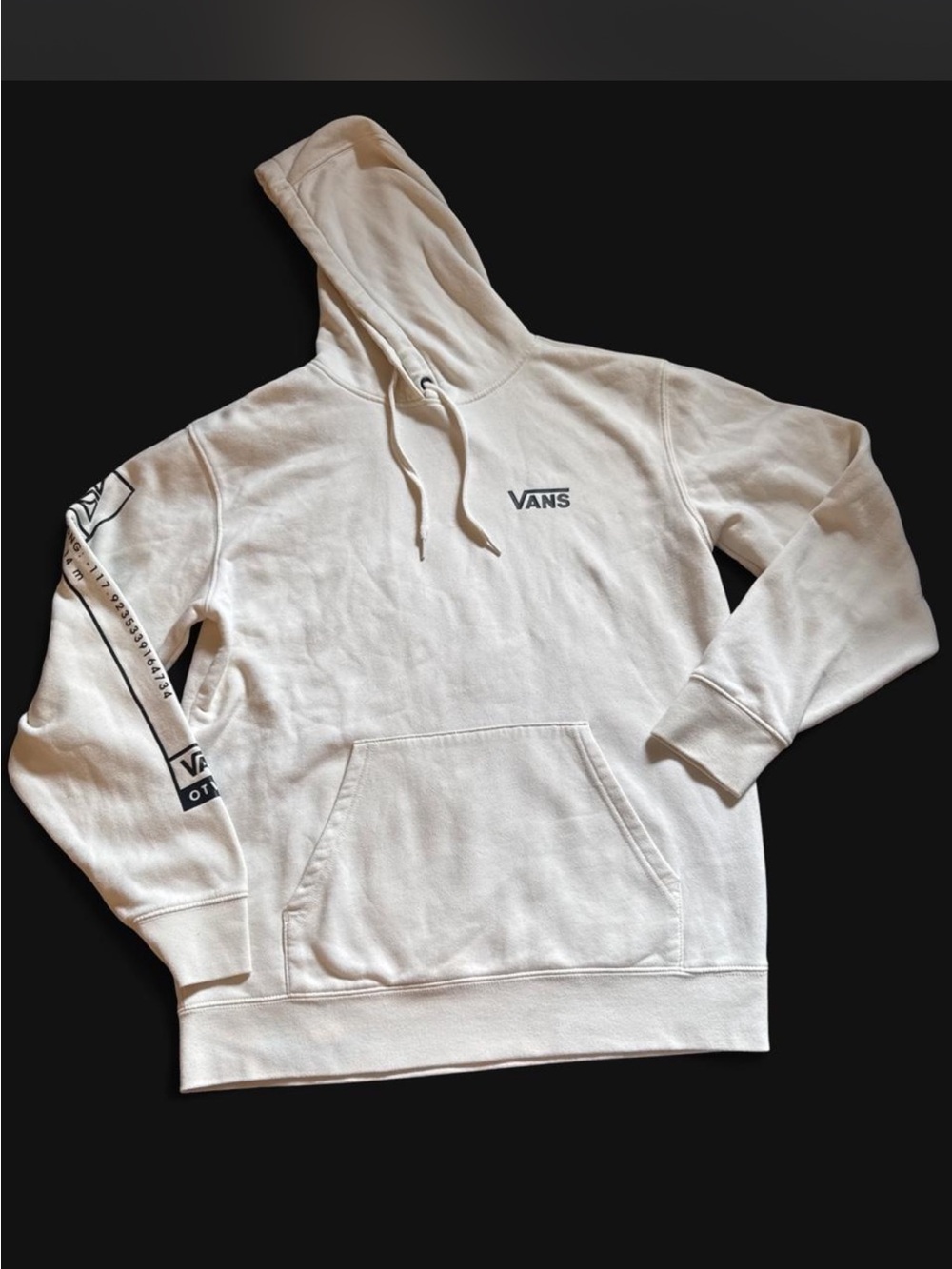 Vans Cream Pullover Hoodie with Black Logo and Sleeve Graphics